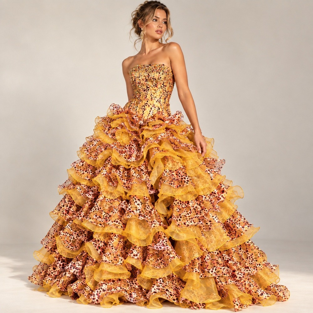 Panoply Leopard Rhinestone Beaded Ruffle Tiered Ball Gown Pageant Dress Organza
